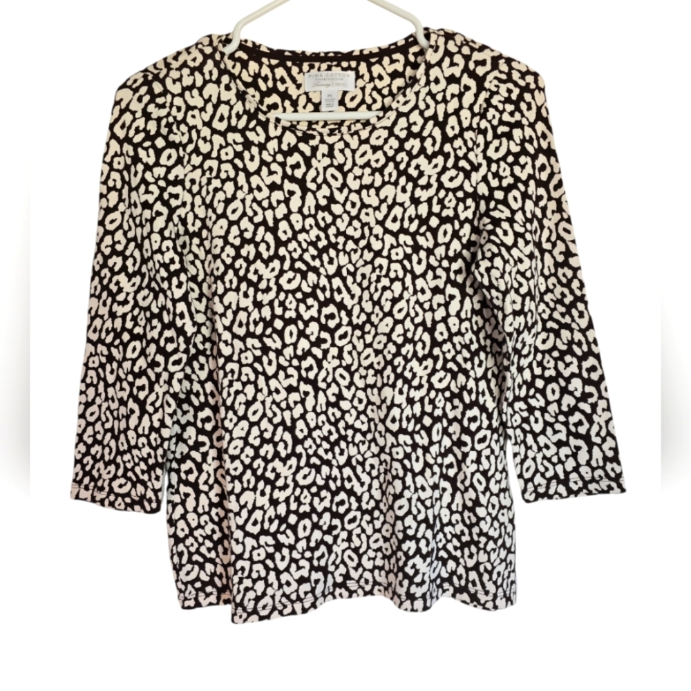 Charter Club Pima Cotton 3/4 Length Sleeve Cheetah Print Top Size Petite Small